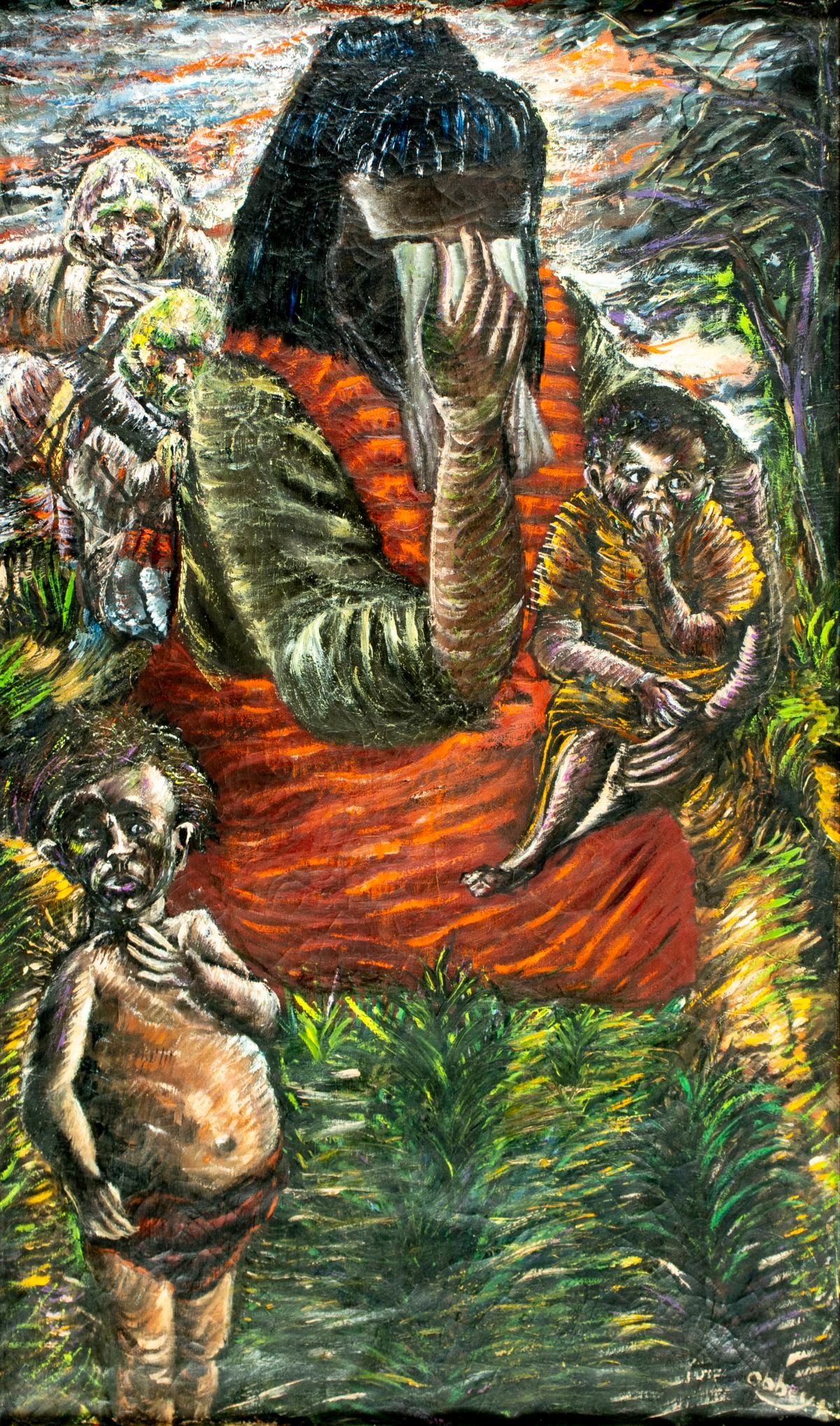 Niberg Abbey (NY,1920-1990) oil painting: ARTIST: Niberg Abbey (New York, 1920 - 1990) TITLE: Weeping Mother with Children MEDIUM: oil on canvas CONDITION: Some small paint losses. Some craquelure. No visible inpa