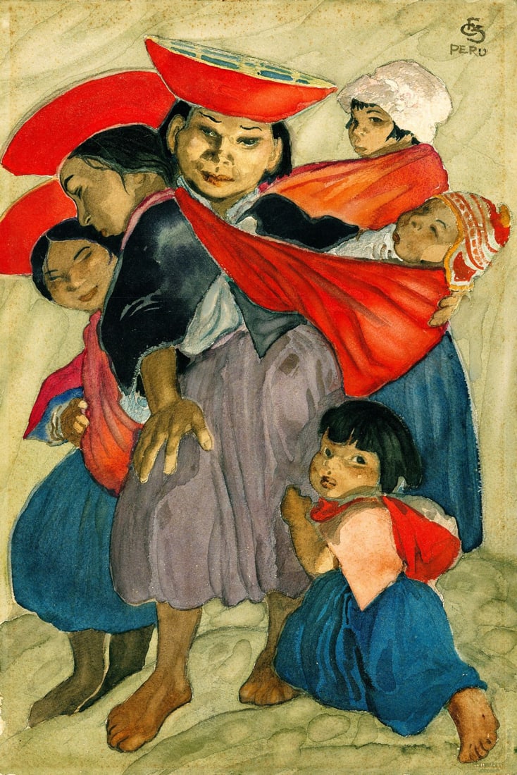Carl Folke Sahlin (FL,Sweden,1884-1972) watercolor painting: ARTIST: Carl Folke Sahlin (Florida, Swedish, 1884 - 1972) TITLE: Peruvian Mother with Children MEDIUM: watercolor on heavy paper CONDITION: Few minor paint losses. Some foxi