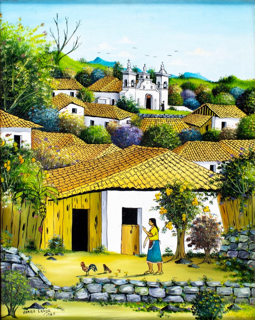 Jorge Lanza (Honduras,20C) oil painting: ARTIST: Jorge Lanza (Honduras, 20 century) TITLE: Honduras Village Landscape YEAR: 1984 MEDIUM: oil on canvas CONDITION: Overall good. No visible inpaint