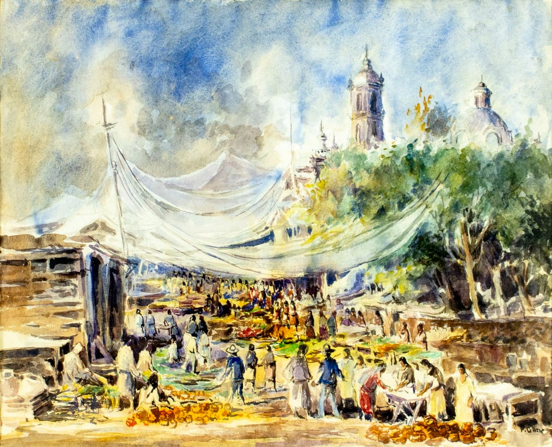 P Ortiz (South America,20C) watercolor painting: ARTIST: P Ortiz (South American, 20 century) TITLE: Market Scene MEDIUM: watercolor on paper CONDITION: Minor age toning. Framed under glass. Wear to frame. ART