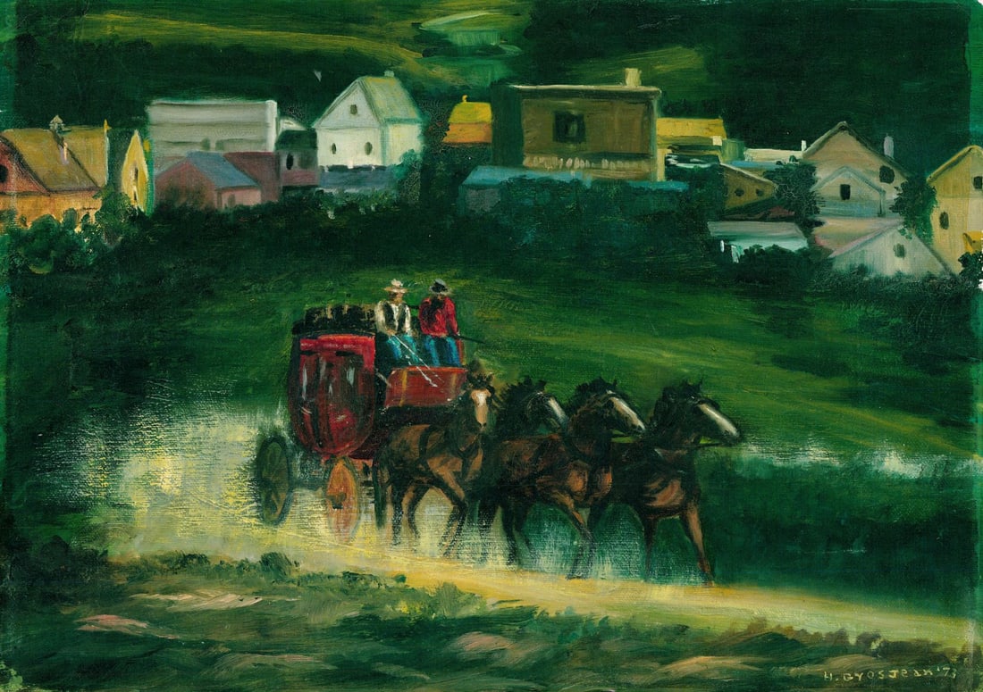 H Grosjean (US,20C) oil painting: ARTIST: H Grosjean (American, 20 century) TITLE: Stagecoach with Horses YEAR: 1973 MEDIUM: oil on canvas CONDITION: Unstretched (In-House stretching avai