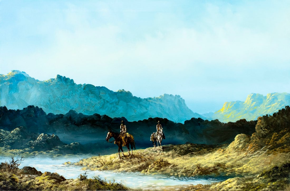 Lester Hughes (TX,1938-2021) oil painting: ARTIST: Lester Hughes (Texas, 1938-2021) TITLE: Mountain Landscape with Cowboys MEDIUM: oil on canvas CONDITION: Few minor paint losses mostly by the edges. No visible inpai