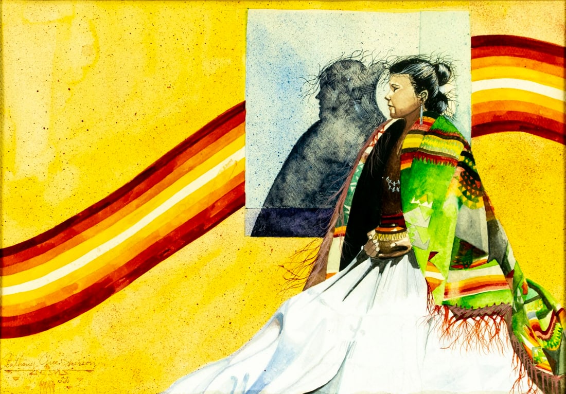 Anthony Chee Emerson (NM,b 1963) watercolor painting: ARTIST: Anthony Chee Emerson (New Mexico, born 1963) TITLE: Indian Woman YEAR: 1982 MEDIUM: watercolor on paper CONDITION: Minor age toning. Framed under