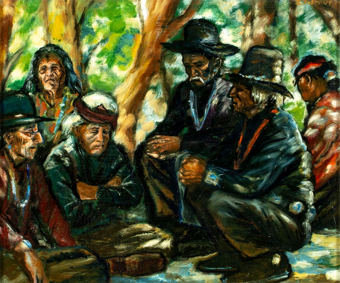 Tostrup (US,20C) oil painting: ARTIST: Tostrup (American, 20 century) TITLE: Indian Men Gathering YEAR: 1974 MEDIUM: oil on board CONDITION: Overall good. No visible inpaint under UV l