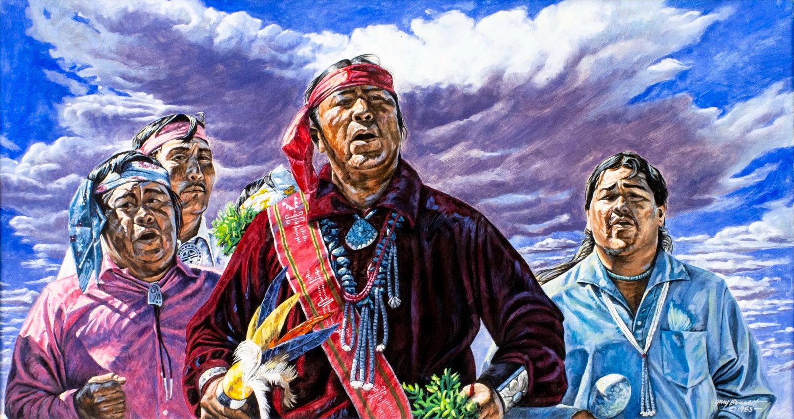 Gary Bennett (AZ,20/21C) gouache painting: ARTIST: Gary Bennett (Arizona, 20/21 centuries) TITLE: Indian Men YEAR: 1985 MEDIUM: gouache on paper CONDITION: Very good. ART SIZE: