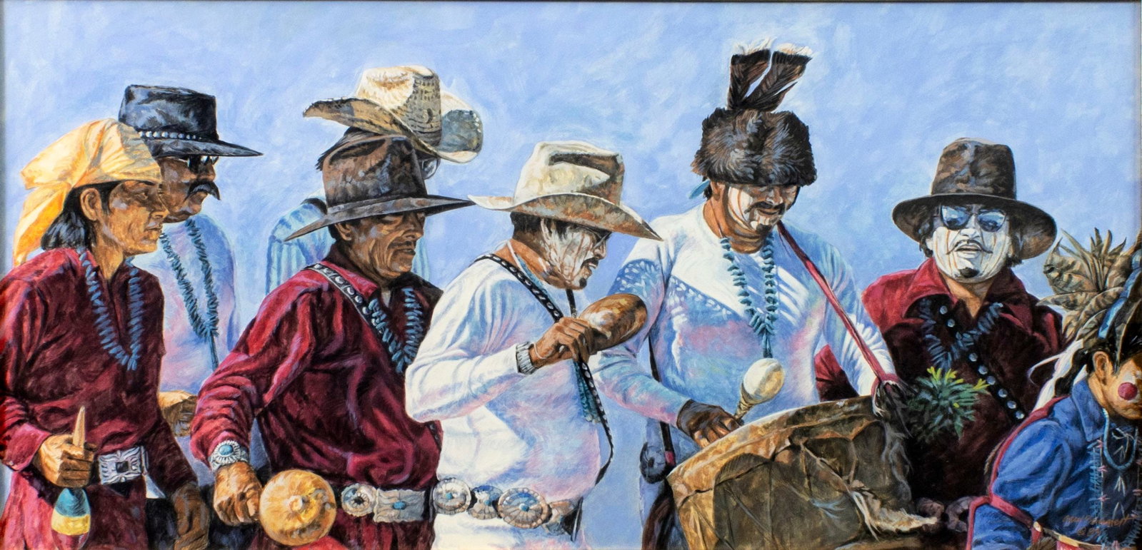 Gary Bennett (AZ,20/21C) gouache painting: ARTIST: Gary Bennett (Arizona, 20/21 centuries) TITLE: Indian Men Playing Music YEAR: 1983 MEDIUM: gouache on paper CONDITION: Very good. Framed under gl