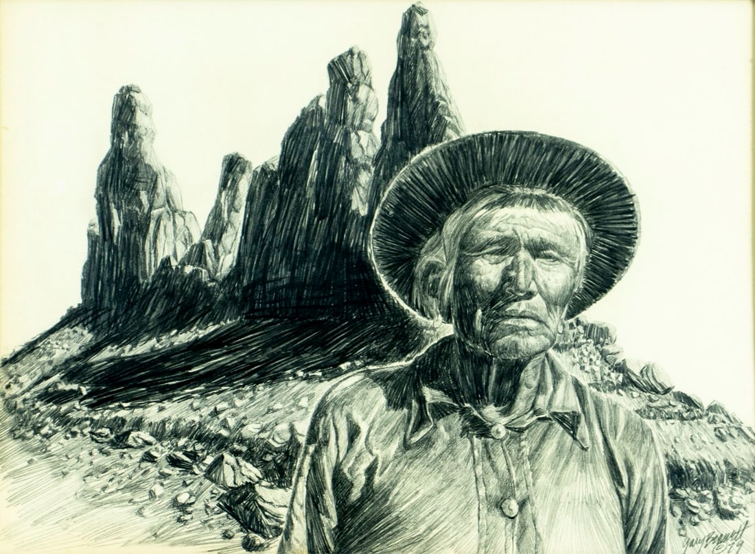 Gary Bennett (AZ,20/21C) graphite painting: ARTIST: Gary Bennett (Arizona, 20/21 centuries) TITLE: Portrait opf Inidan Man YEAR: 1979 MEDIUM: graphite on paper CONDITION: Very good. Framed under gl