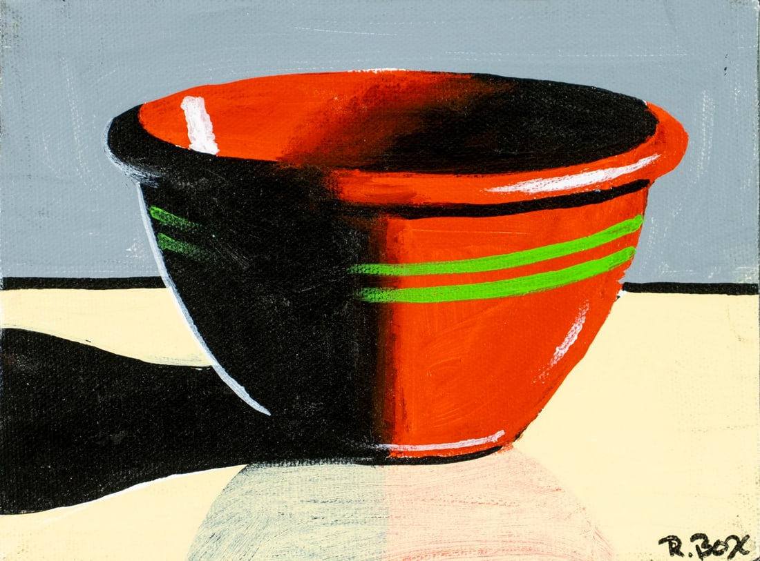 Robert Box (NY,b 1951) oil painting: ARTIST: Robert Box (New York, born 1951) TITLE: Still Life with Bowl MEDIUM: oil on canvas CONDITION: Overall good. No visible inpaint under UV light. Normal wear to edges.<