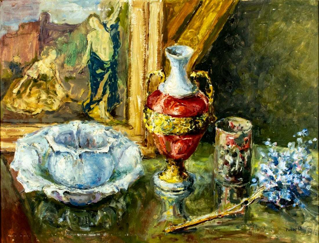 Puggioli (20C) oil painting: ARTIST: Puggioli (20 century) TITLE: Still Life MEDIUM: oil on board CONDITION: Some scratches/paint losses mostly along edges. No visible inpaint under UV light. Wear to fr