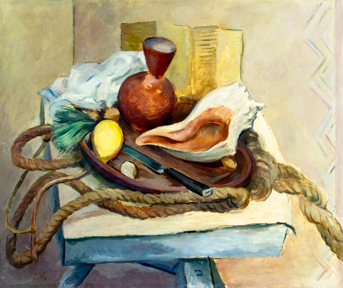 Walter Reinsel (PA,1905-1979) oil painting antique: ARTIST: Walter Newton Reinsel (Pennsylvania, 1905 - 1979) TITLE: Still Life with Rope (titled on verso) YEAR: 1941 MEDIUM: oil on board CONDITION: Few