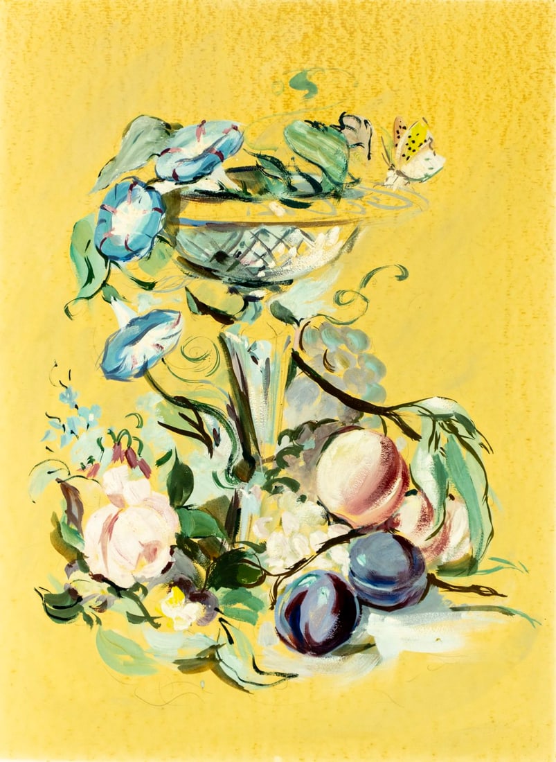 Charles Yeiser (NY,1925-2005) gouache painting: ARTIST: Charles William Yeiser (New York, 1925 - 2005) TITLE: Still Life with Flowers and Fruit MEDIUM: gouache on board CONDITION: Some age toning. Some foxing. Normal wear