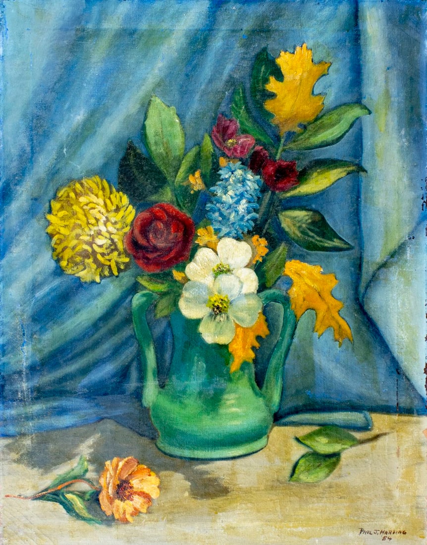 Paul J Harding (US,mid 20C) oil painting: ARTIST: Paul J Harding (American, mid 20 century) TITLE: Still Life with Vase of Flowers YEAR: 1954 MEDIUM: oil on canvas CONDITION: Some scratches/paint