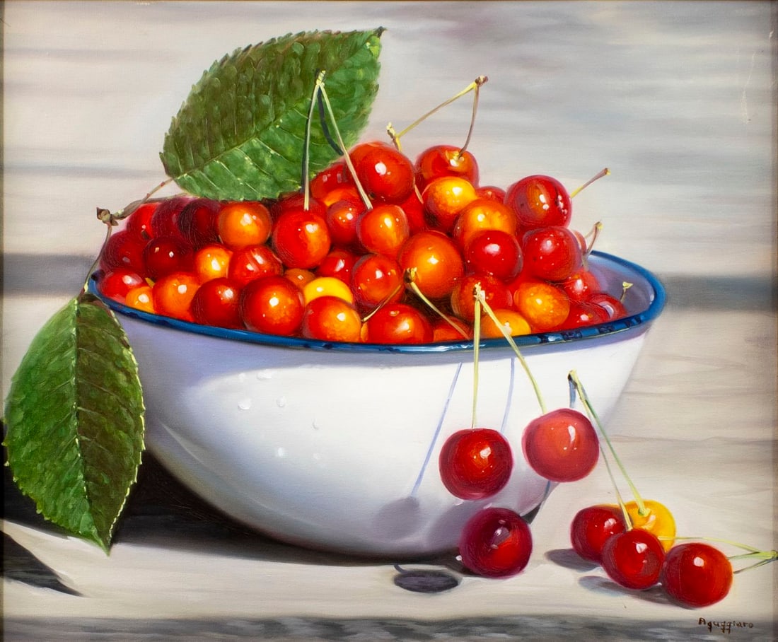 Franco Aguggiaro (Italy,b 1960) oil painting: ARTIST: Franco Aguggiaro (Italian, born 1960) TITLE: Still Life with Cherries MEDIUM: oil on canvas CONDITION: Few small scratches/paint losses mostly by edges. Some craquel