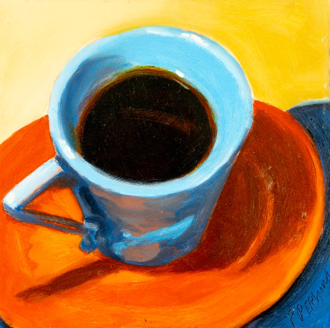 Polly E Perkins (NY,20/21C) oil painting: ARTIST: Polly E Perkins (New York, 20/21 centuries) TITLE: Still Life with Coffee Cup YEAR: 2010 MEDIUM: oil on board CONDITION: Overall good. No visible