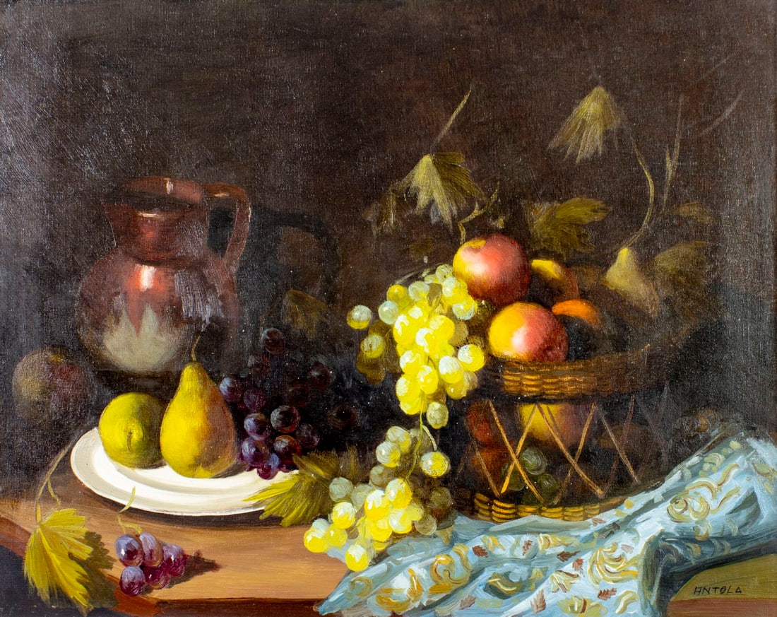 Antola (Europe,20C) oil painting: ARTIST: Antola (European, 20 century) TITLE: Still Life with Fruit Basket and Jug MEDIUM: oil on canvas CONDITION: Unstretched (In-House stretching available) (In-House stre