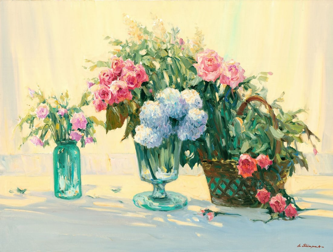 Anatoly Shlapak (Russia,1929-2014) oil painting: ARTIST: Anatoly Shlapak (Russian, 1929 - 2014) TITLE: Still Life with Flowers MEDIUM: oil on canvas CONDITION: Unstretched (In-House stretching available). Few minor scrat