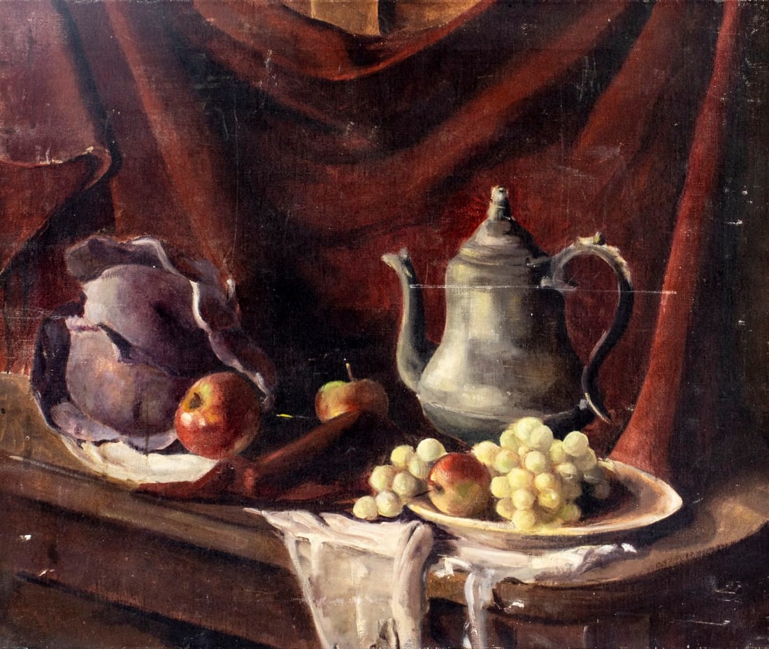 Dorothy Earls (US,20C) oil painting: ARTIST: Dorothy Earls (American, 20 century) TITLE: Still Life with Cabbage, Fruits and Kettle MEDIUM: oil on canvas CONDITION: Some scratches/paint losses. Few minor inpain