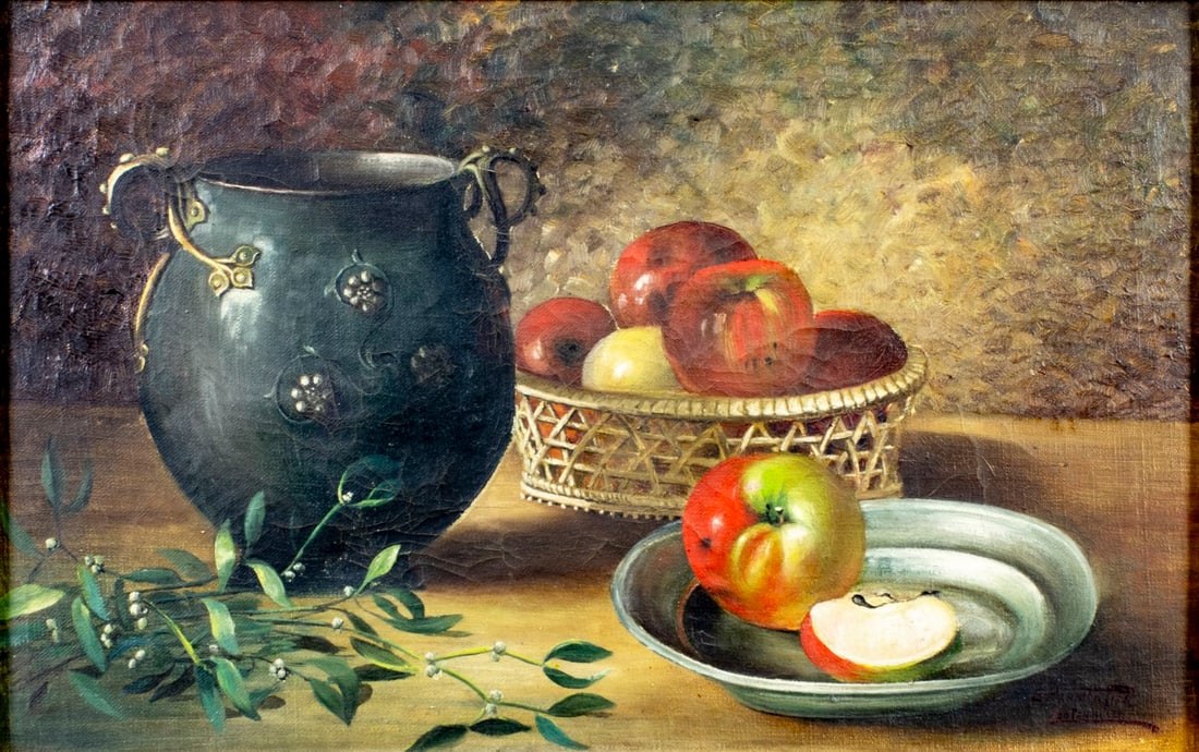 E Parmentier (Europe,19C) oil painting antique: ARTIST: E Parmentier (European, 19 century) TITLE: Still Life with Jug and Apples MEDIUM: oil on canvas CONDITION: Few minor paint losses. Some craquelure. No visible inpain