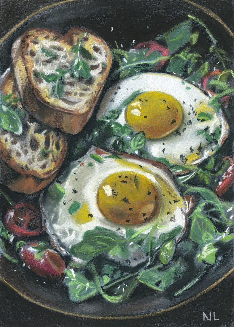 Natalia Lebedeva (Ukraine,20/21C) pastel painting: ARTIST: Natalia Lebedeva (Ukraine, 20/21 centuries) TITLE: Still Life with Eggs and Toast MEDIUM: pastel on heavy paper CONDITION: Very good. ART SIZE: 1
