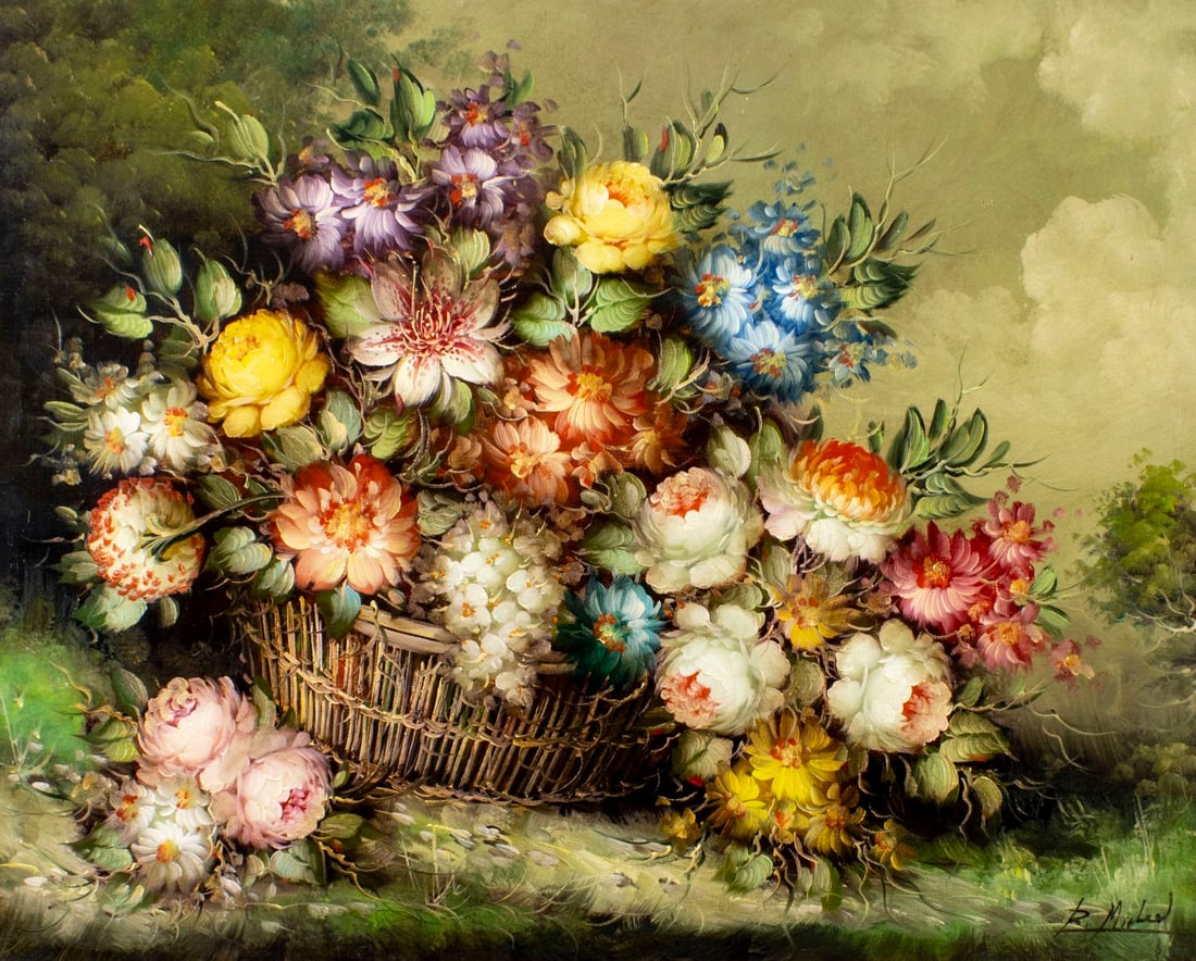 Roberto Michel (Spain,1944-?) oil painting: ARTIST: Roberto Michel (Spanish, 1944 - ???) TITLE: Still Life with Flower Basket MEDIUM: oil on canvas CONDITION: Unstretched (In-House stretching available) (In-House