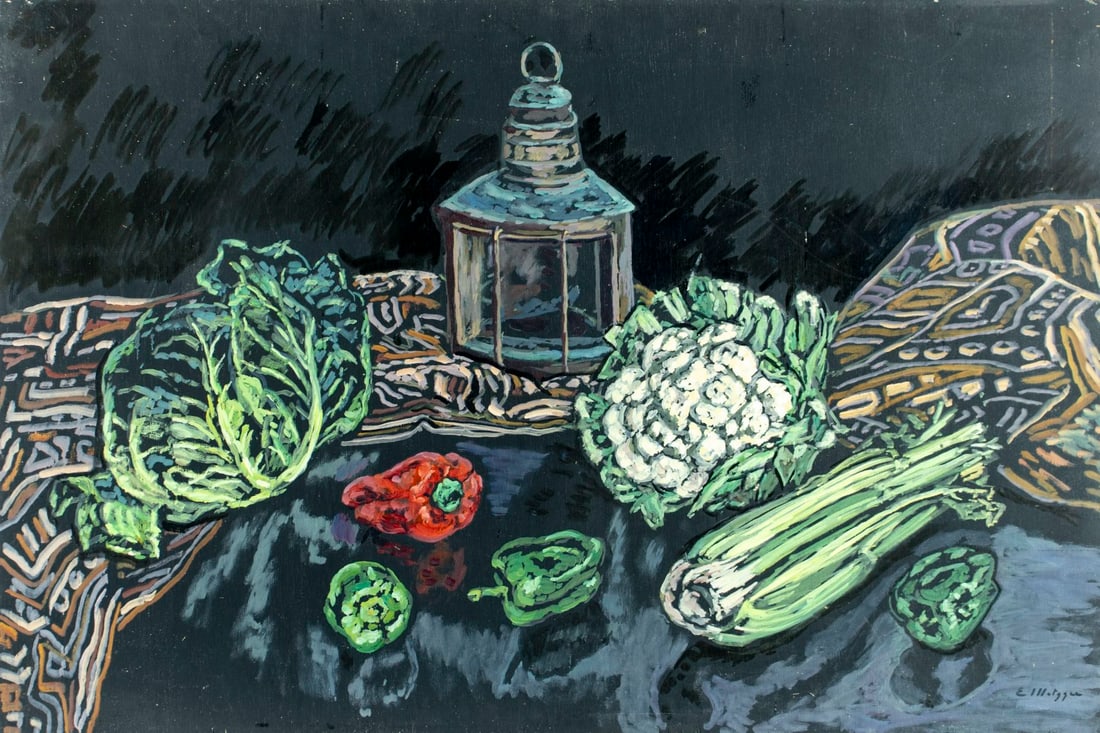 Evelyn Metzger (NY,Brazil,1911-2007) oil painting: ARTIST: Evelyn Borchard Metzger (New York, Brazilian, 1911 - 2007) TITLE: Still Life with Vegetables MEDIUM: oil on board CONDITION: Minor damages to corners. Some small s