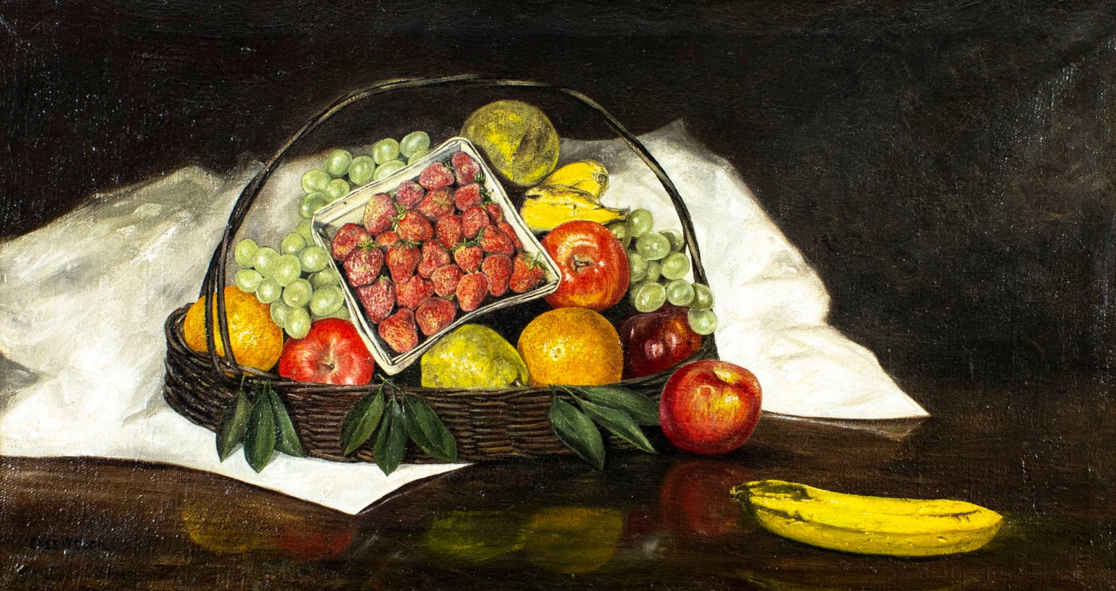 Charles W Cook (US,early 20C) oil painting: ARTIST: Charles W Cook (American, early 20 century) TITLE: Still Life with Basket of Fruits MEDIUM: oil on canvas CONDITION: One patch. Minor paint losses. Very minor craqu