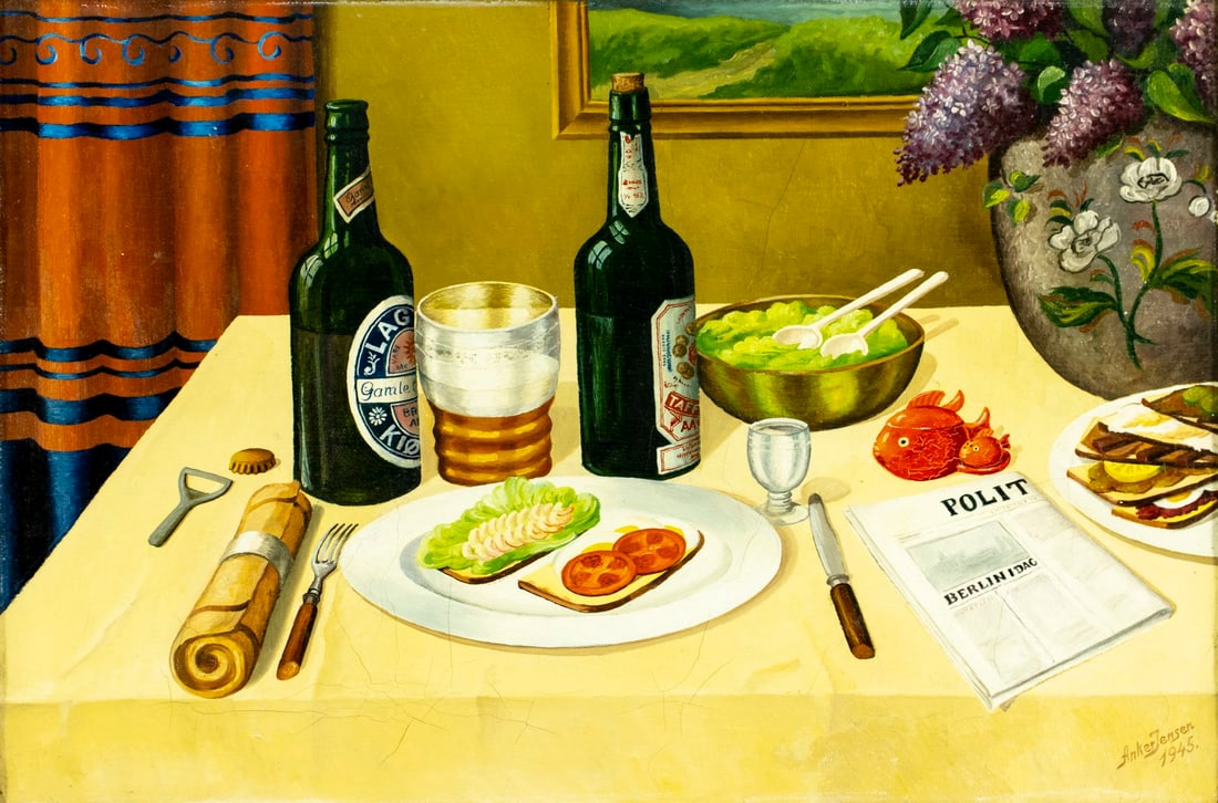 Anker Jensen (Danish,20C) oil painting antique: ARTIST: Anker Jensen (Denmark, 20 century) TITLE: Tabletop Still Life YEAR: 1945 MEDIUM: oil on canvas CONDITION: Few small paint losses mostly in the up