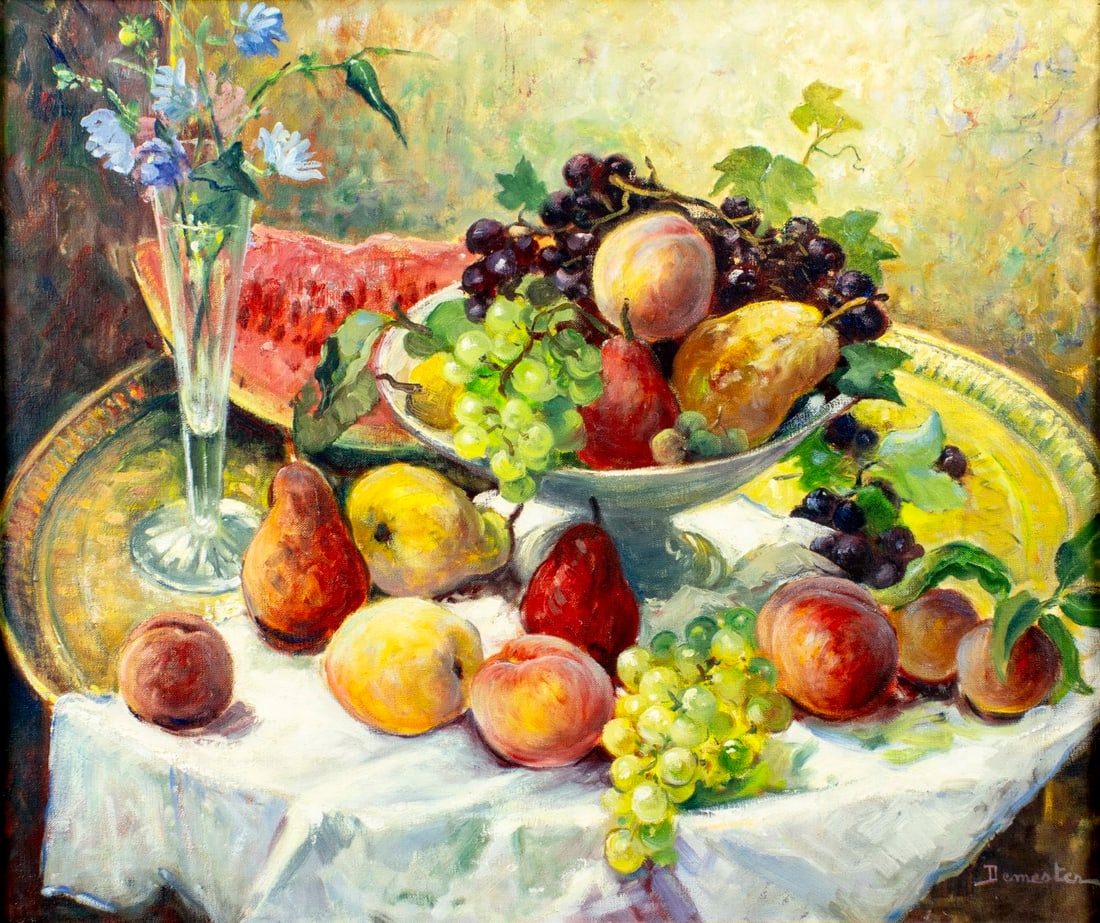 Eugene Demester (France,1914-1984) oil painting: ARTIST: Eugene Demester (French, 1914 - 1984) TITLE: Still Life with Fruit MEDIUM: oil on canvas CONDITION: Very good. No visible inpaint under UV light. ART SIZE