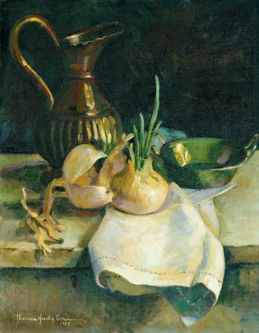 Theresa Hinchy Grau (NY,1908-1997) oil painting: ARTIST: Theresa Hinchy Grau (New York, 1908 - 1997) TITLE: Still Life with Jug and Onions YEAR: 1987 MEDIUM: oil on canvas board CONDITION: Few minor pai