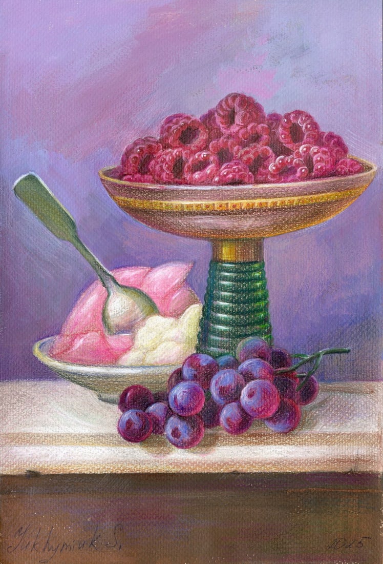 Svetlana Yukhymiuk (Ukraine,20/21C) pastel painting: ARTIST: Svetlana Yukhymiuk (Ukrainian, 20/21 centuries) TITLE: Still Life with Fruits and Ice Cream MEDIUM: pastel on paper CONDITION: Very good. ART SIZE: