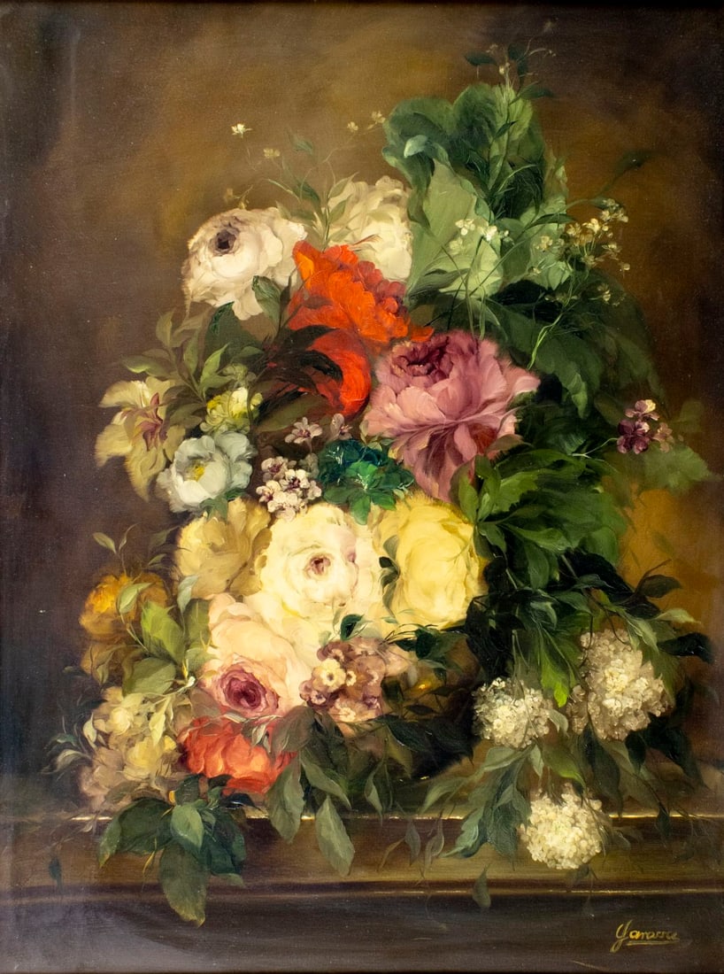 Heinrich Garossa (Swiss,German,1902-?) oil painting: ARTIST: Heinrich Garossa (Switzerland, Germany, 1902 - ???) TITLE: Still Life with Flowers MEDIUM: oil on canvas CONDITION: Few minor paint losses. Some craquelure. No visib
