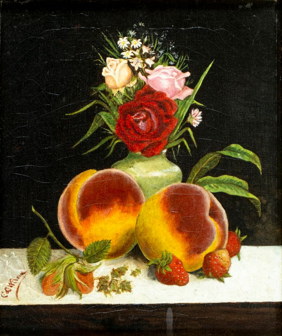 C Wilson (19C) oil painting antique: ARTIST: C Wilson (19 century) TITLE: Still Life with Vase of Roses and Fruit MEDIUM: oil on canvas CONDITION: Relined. Some craquelure. Some scattered inpaintings. Wear to f