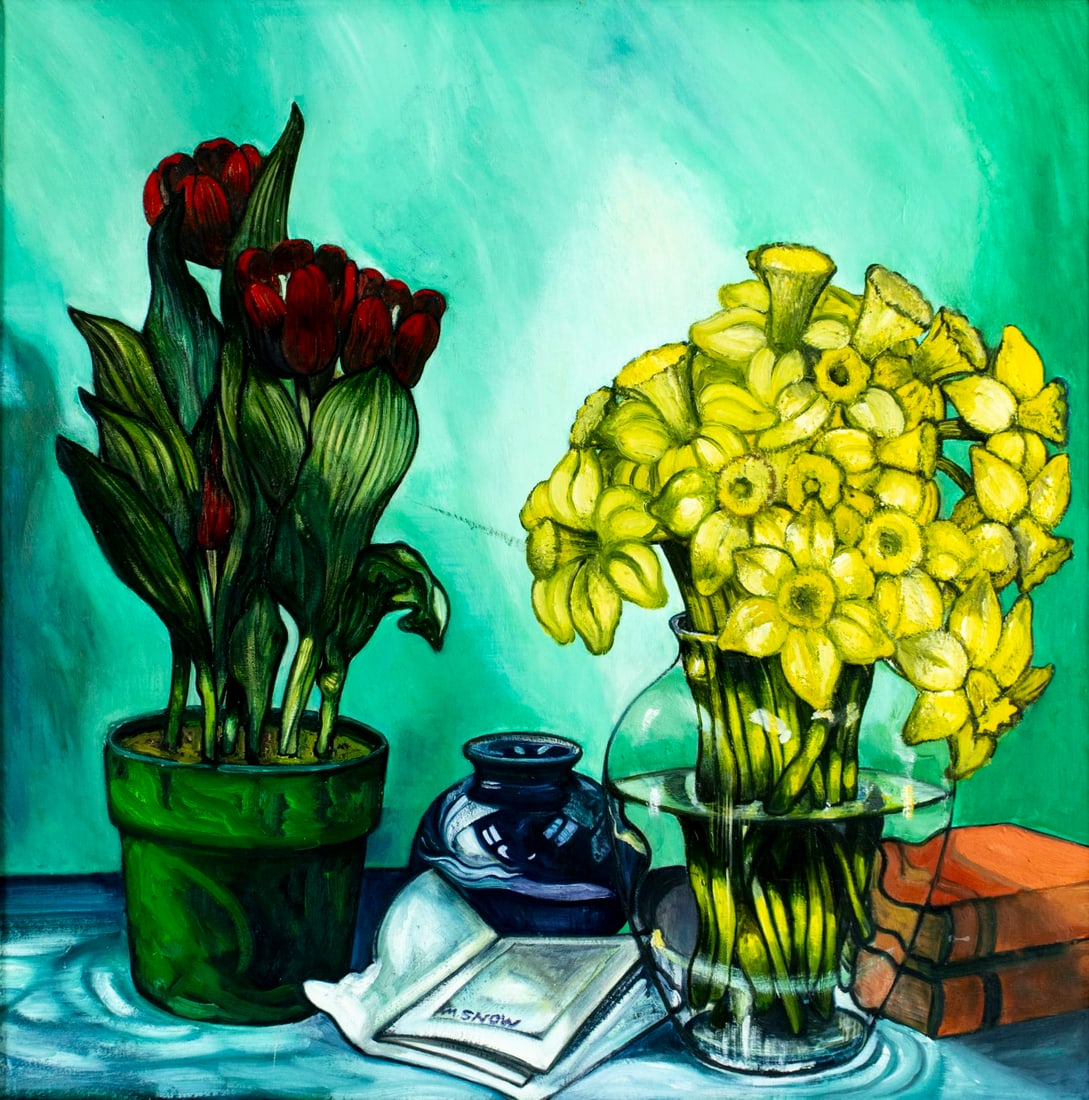 Matthew Snow (US,20C) oil painting: ARTIST: Matthew Snow (American, 20 century) TITLE: Still Life with Vases of Flowers MEDIUM: oil on canvas CONDITION: Some scratches/paint losses. No visible inpaint under UV