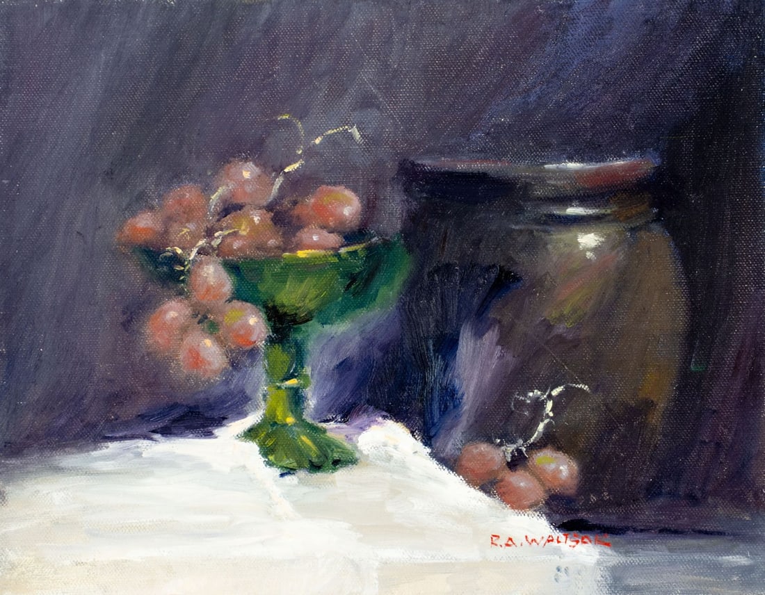 Robert Waltsak (NJ,b 1944) oil painting: ARTIST: Robert Alan Waltsak (New Jersey, born 1944) TITLE: Still Life with Jug and Grapes MEDIUM: oil on canvas CONDITION: Few small scratches/paint losses. No visible inpai