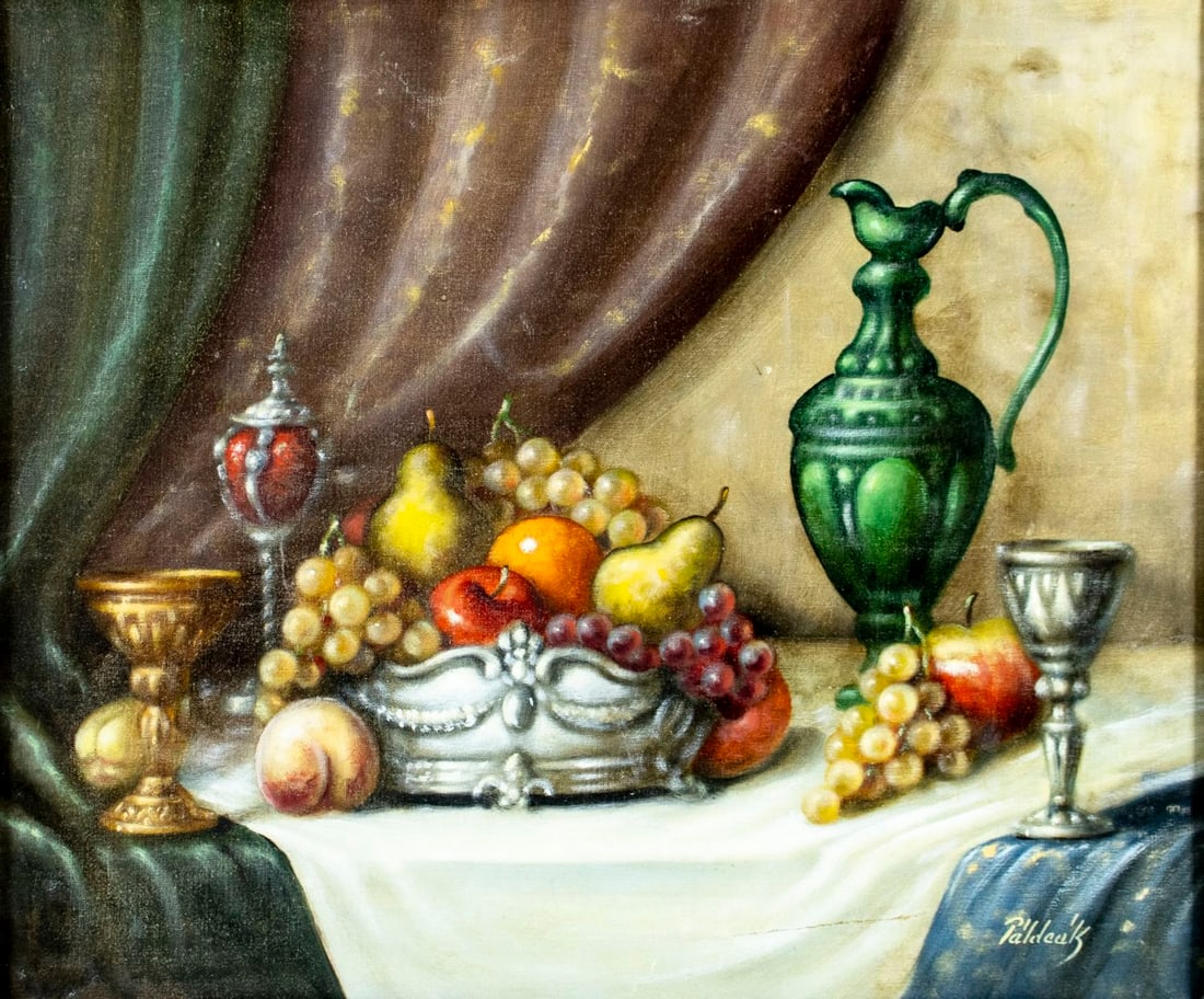 Paldeak (Hungary,20C) oil painting: ARTIST: Paldeak (Hungarian, 20 century) TITLE: Still Life with Fruit and Jug MEDIUM: oil on canvas CONDITION: One patch. Some scratches/paint losses. No visible inpaint und