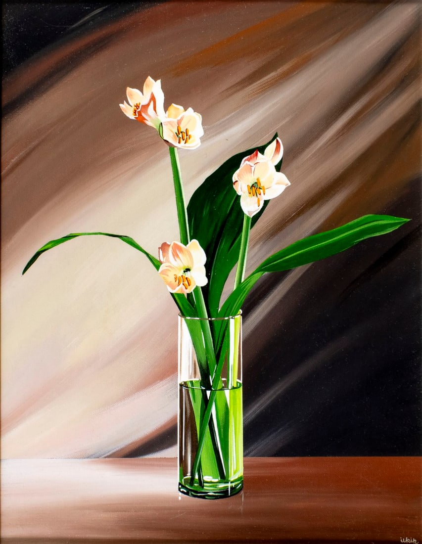 Ilkin Deniz (Turkey,FL,b 1961) oil painting: ARTIST: Ilkin Deniz (Turkish, Florida, born 1961) TITLE: Still Life with Vase of Flowers MEDIUM: oil on canvas board CONDITION: Very good. No visible inpaint under UV light.