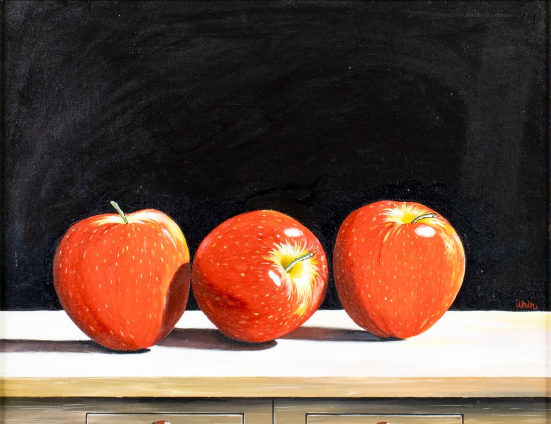 Ilkin Deniz (Turkey,FL,b 1961) oil painting: ARTIST: Ilkin Deniz (Turkish, Florida, born 1961) TITLE: Still Life with Apples MEDIUM: oil on canvas board CONDITION: Very good. No visible inpaint under UV light. Wear to