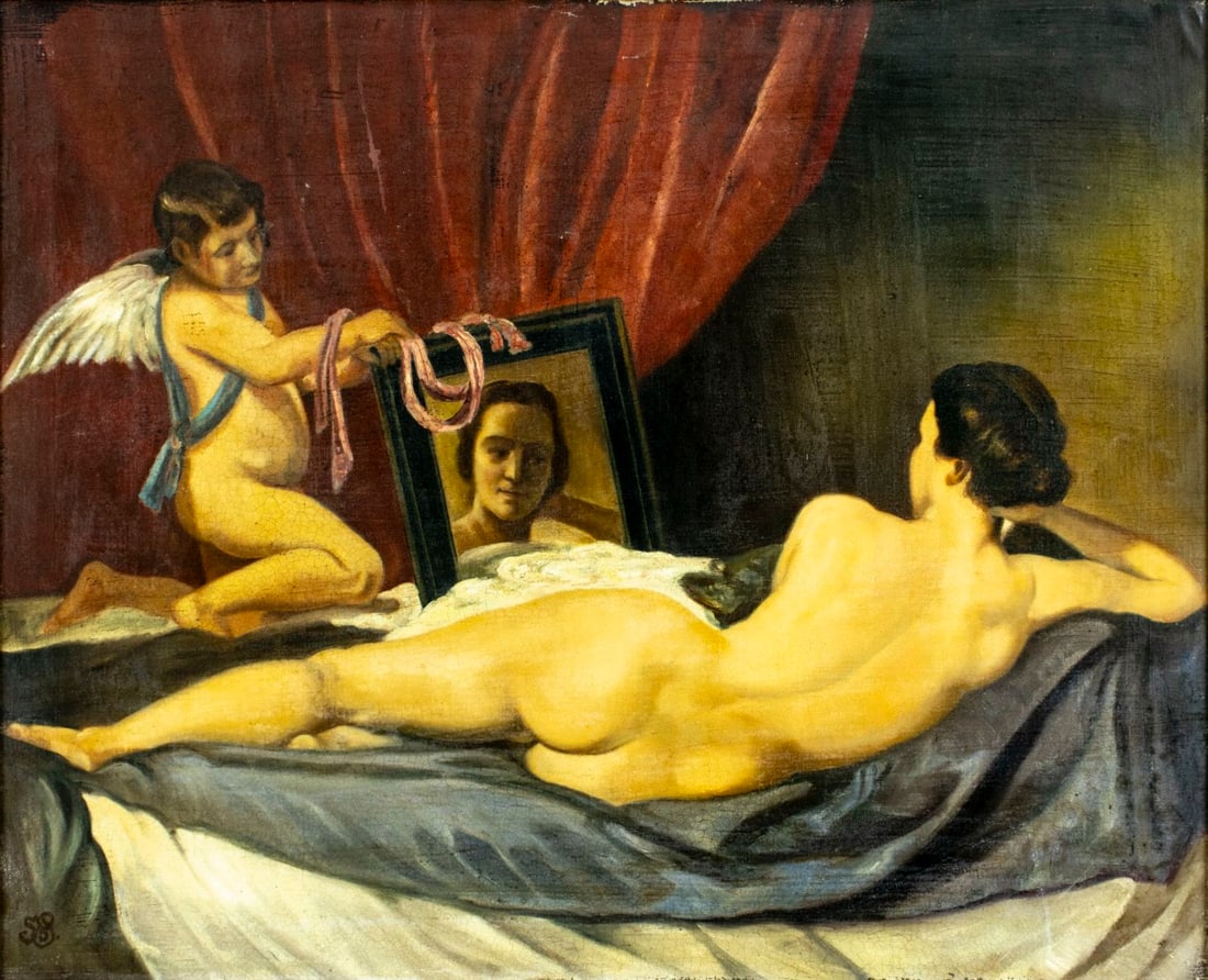 Antique early 20C European oil painting AFTER Diego Velazquez: ARTIST: - (Europe, early 20 century) AFTER Diego Velazquez TITLE: The Toilet of Venus MEDIUM: oil on canvas CONDITION: Some scratches/paint losses mostly along edges. Some c