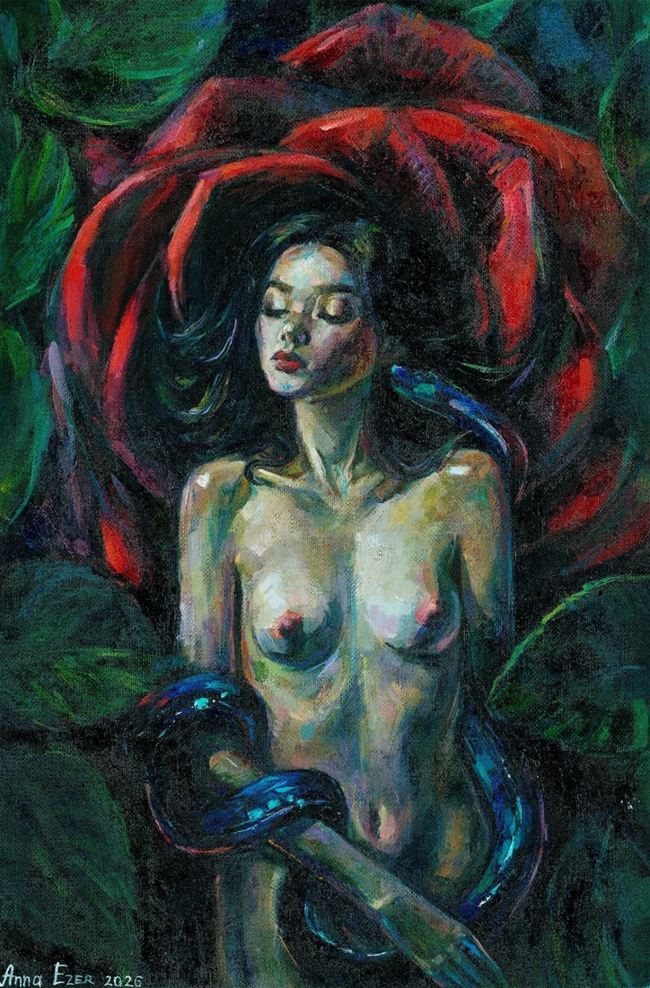 Anna Ezer (Ukraine,20/21C) oil painting: ARTIST: Anna Ezer (Ukraine, 20/21 centuries) TITLE: Nude with Snake MEDIUM: oil on heavy paper CONDITION: Few minor paint losses. No visible inpaint under UV light.