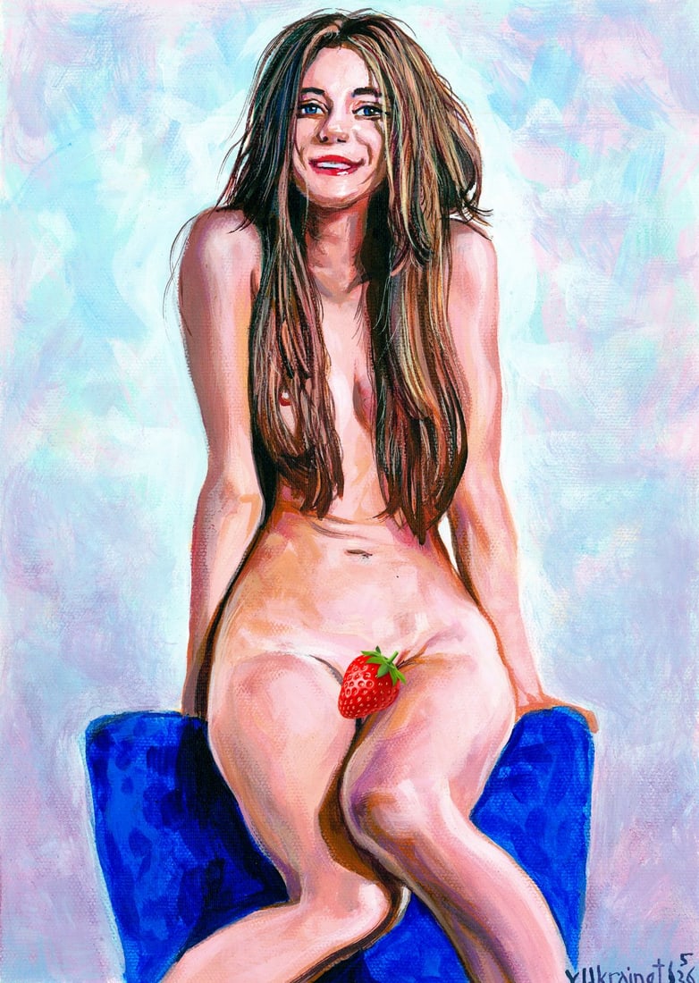 Valentin Ukrainets (Ukraine,b 1965) oil painting: ARTIST: Valentin Ukrainets (Ukrainian, born 1965) TITLE: Nude on the Blue Chair (titled on verso) MEDIUM: oil on canvas CONDITION: Unstretched (In-House stretching available