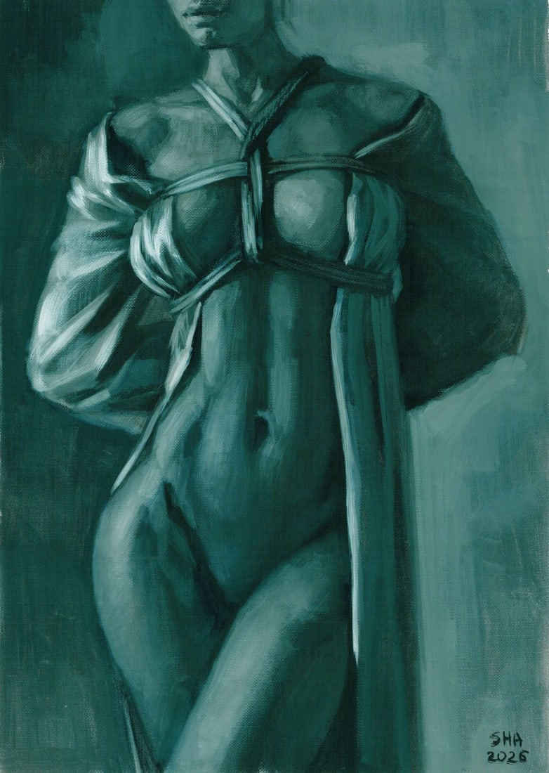 Anna Shariha (Ukraine,b 1998) oil painting: ARTIST: Anna Shariha (Ukraine, born 1998) TITLE: Bound Nude MEDIUM: oil on heavy paper CONDITION: Very good. No visible inpaint under UV light. ART SIZE: