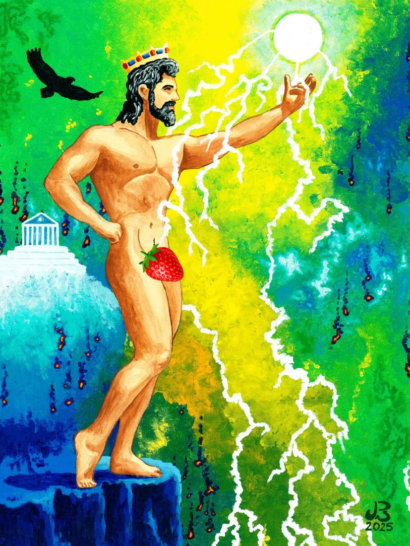 Jeff Breddy (UK,b 1968) oil painting: ARTIST: Jeff Breddy (United Kingdom, born 1968) TITLE: Male Nude - Zeus - King of the Gods and Posers (titled on verso) MEDIUM: oil on canvas board CONDITION: Very good.