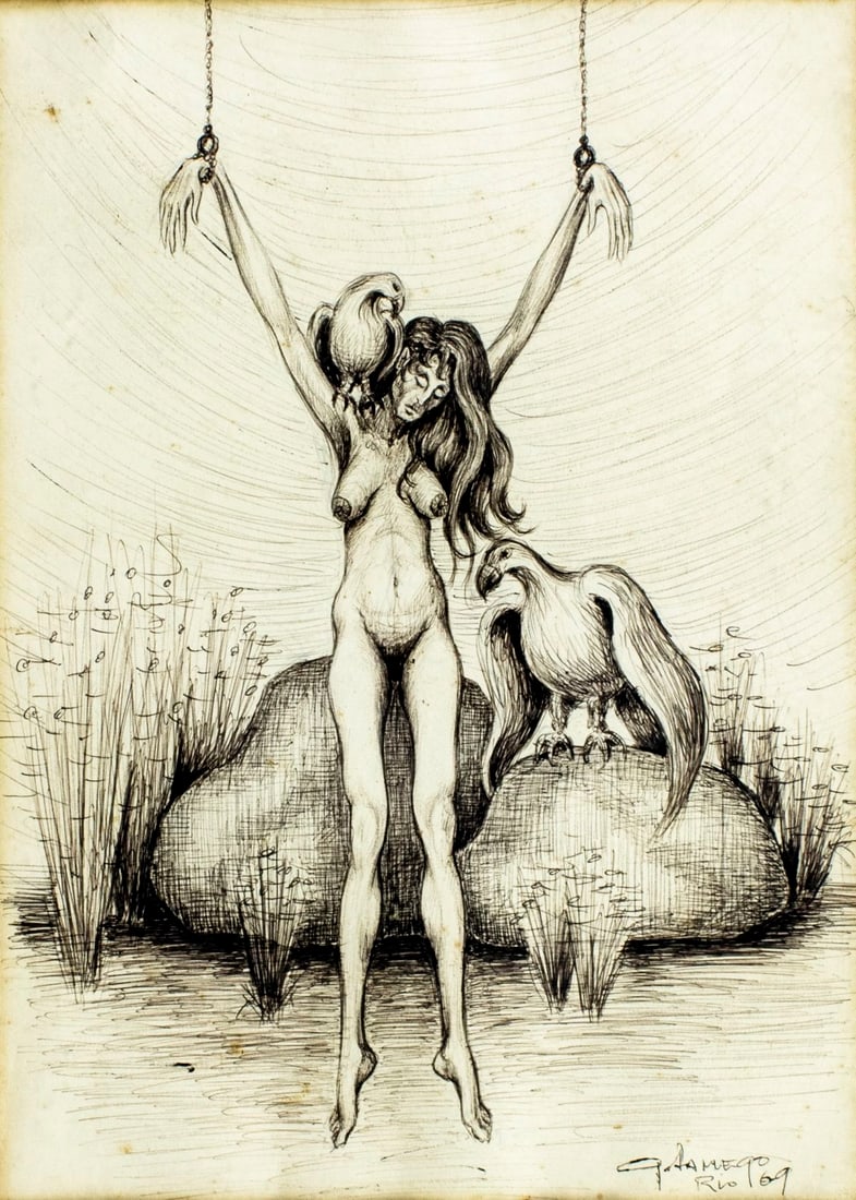 G Jamego (Brazil,mid 20C) ink painting: ARTIST: G Jamego (Brazilian, mid 20 century) TITLE: Nude with Vultures YEAR: 1969 MEDIUM: ink on paper CONDITION: Some foxing. Some age toning. Framed un