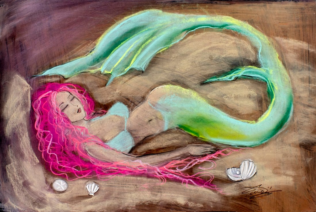 Vintage 20C pastel painting signed: ARTIST: - (20 century) TITLE: Mermaid on Beach MEDIUM: pastel on heavy paper CONDITION: Few minor scratches/paint losses. Normal wear to edges. ART SIZE: