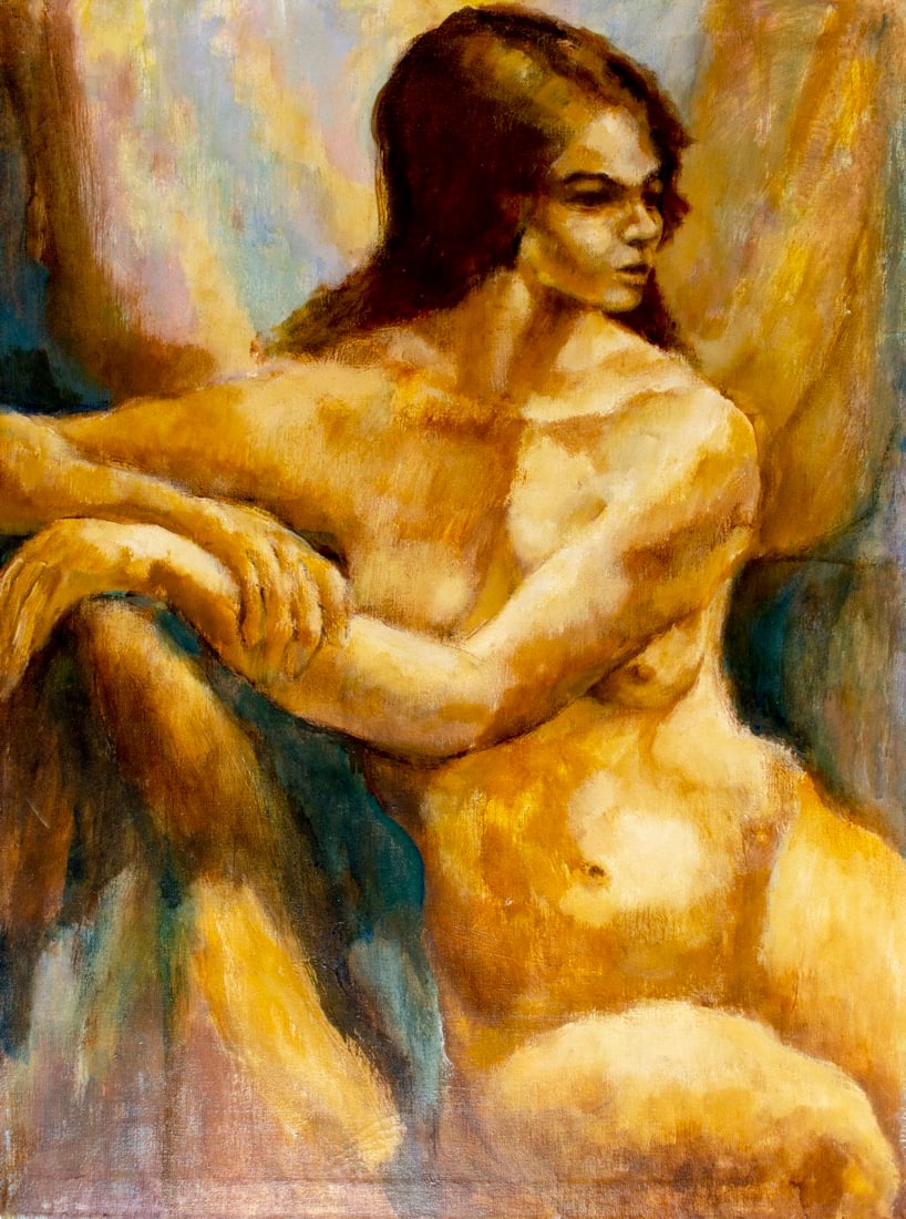Thelma Thal (NY,1903-2001) oil painting: ARTIST: Thelma Thal (New York, 1903 - 2001) TITLE: Seated Nude MEDIUM: oil on canvas CONDITION: Few small scratches/paint losses mostly along edges. No visible inpaint under