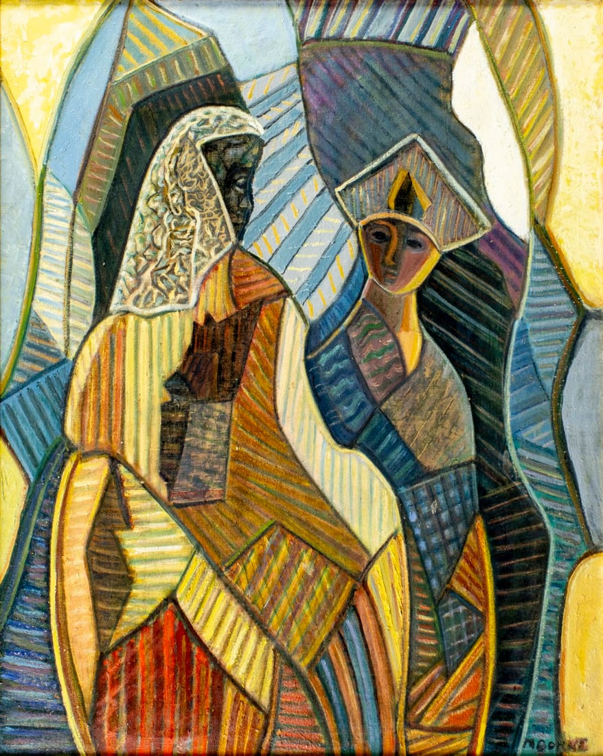 Mortimer Borne (NY,Poland,1902-1987) oil painting: ARTIST: Mortimer Borne (New York, Polish, 1902 - 1987) TITLE: African Wedding (titled on stretcher) YEAR: 1974 MEDIUM: oil on canvas CONDITION: Minor pai
