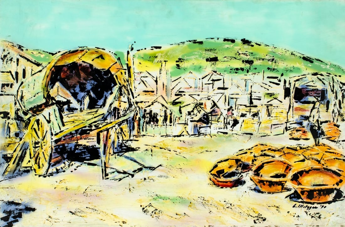 Evelyn Metzger (NY,Brazil,1911-2007) oil painting: ARTIST: Evelyn Borchard Metzger (New York, Brazilian, 1911 - 2007) TITLE: Village Scene YEAR: 1990 MEDIUM: oil on board CONDITION: Some small scratches m