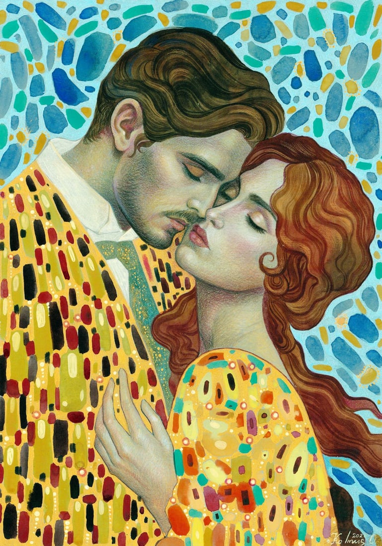 Olena Kalmus (Ukraine,b 1996) mixed media painting: ARTIST: Olena Kalmus (Ukraine, born 1996) TITLE: Kissing Couple MEDIUM: mixed media on heavy paper CONDITION: Very good. ART SIZE: 12 x 8 inches / 30 x 2