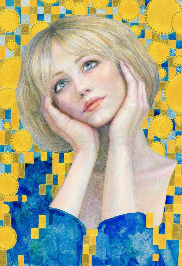Katerina Grigorenko (Ukraine,b 1999) mixed media painting: ARTIST: Katerina Grigorenko (Ukrainian, born 1999) TITLE: Portrait of Woman MEDIUM: mixed media on heavy paper CONDITION: Very good. ART SIZE: 17 x 12 in