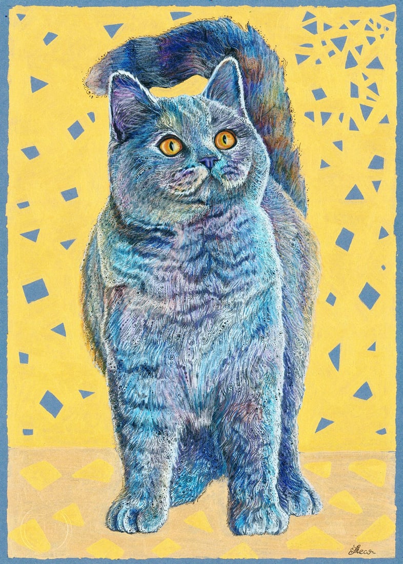 Lesya Larionova (Ukraine,20/21C) mixed media painting: ARTIST: Lesya Larionova (Ukrainian, 20/21 centuries) TITLE: Cat MEDIUM: mixed media on heavy paper CONDITION: Very good. ART SIZE: 12 x 8 inches / 30 x 2